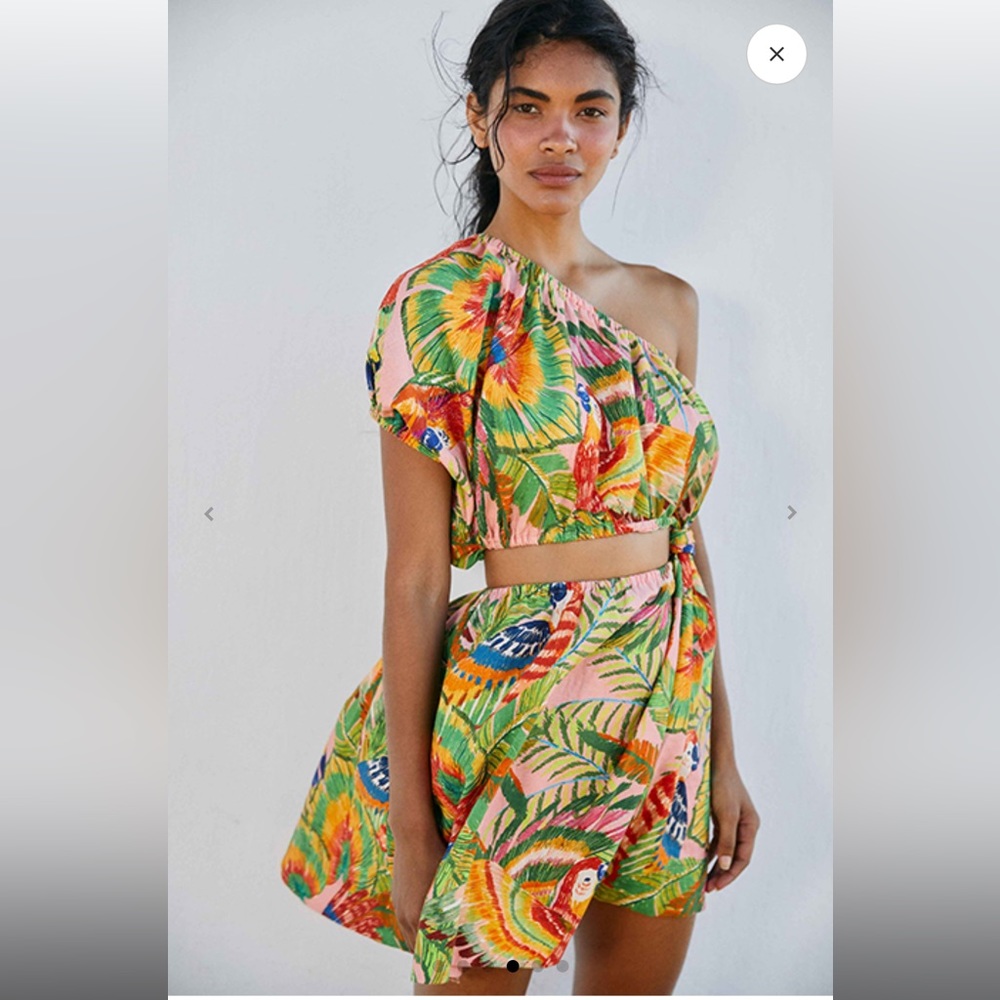 FARM Rio Tropical One-Shoulder Mini Dress in Green, Yellow, Orange, Blue